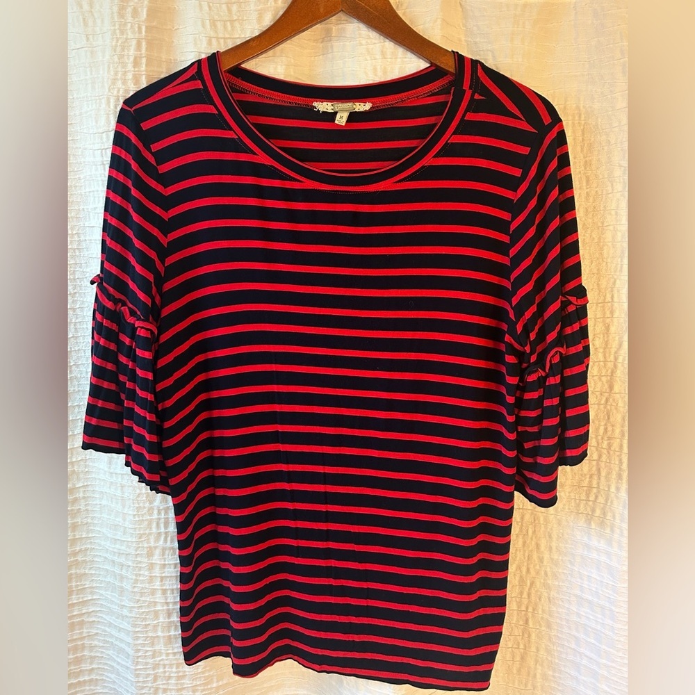 gimmicks by BKE Navy and Red Striped Short Sleeve Ruffle Tee